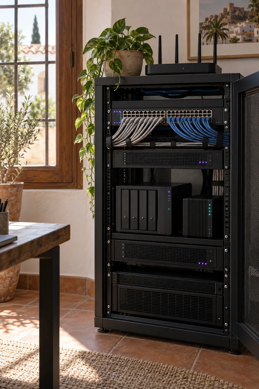 Armario de servidores instalado en una oficina de Mallorca, con suelo de barro y ventana con contraventanas.