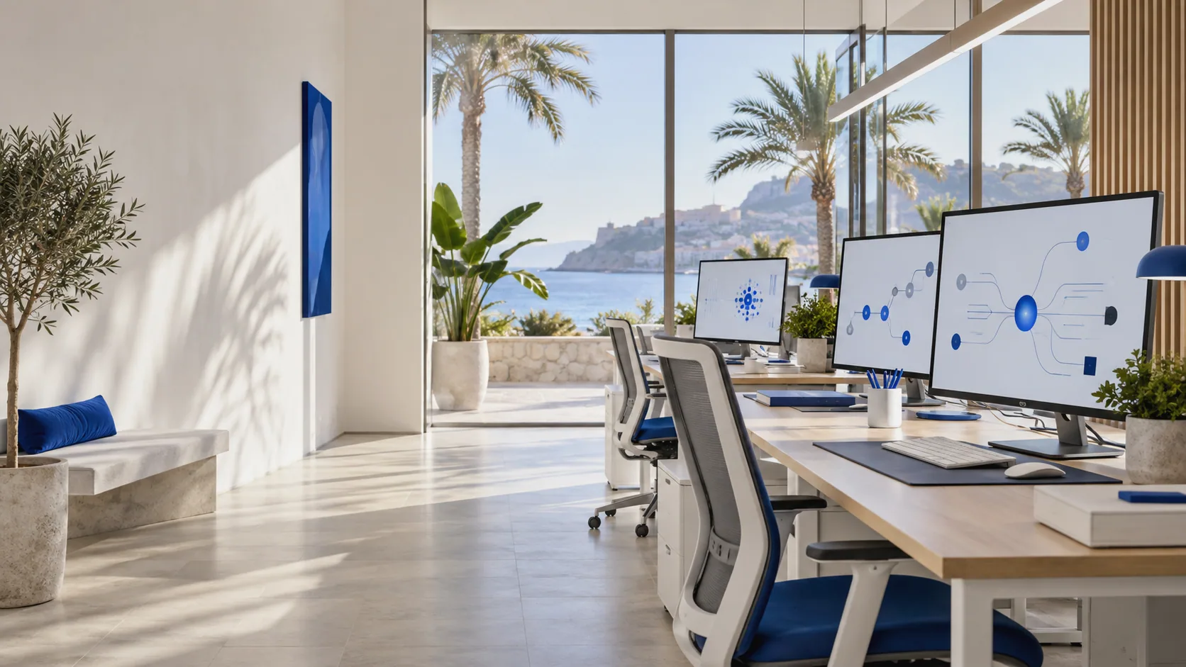 Oficina luminosa en Mallorca con vistas al mar y pantallas que muestran flujos automatizados.